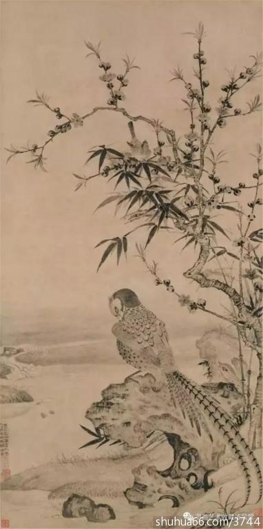 元 王渊 桃竹锦鸡图 纸本 102.3×55.4cm